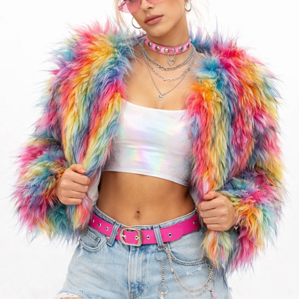 Rainbow Faux Fur Festival Jacket ✨